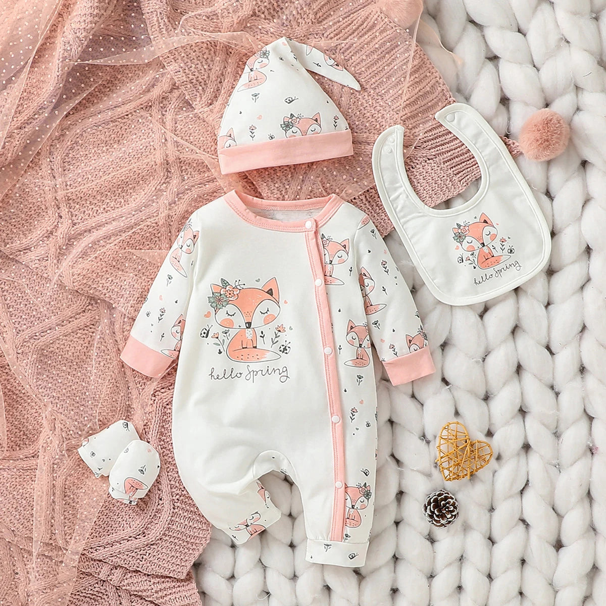Baby Outfit | 4-Piece Set with Bib & Gloves