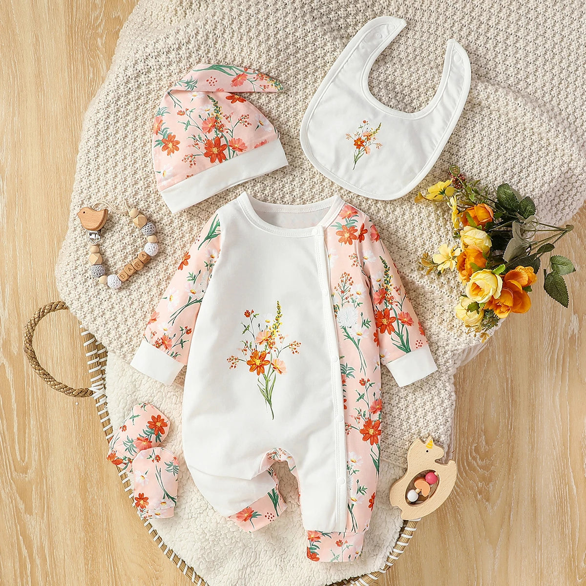 Baby Outfit | 4-Piece Set with Bib & Gloves
