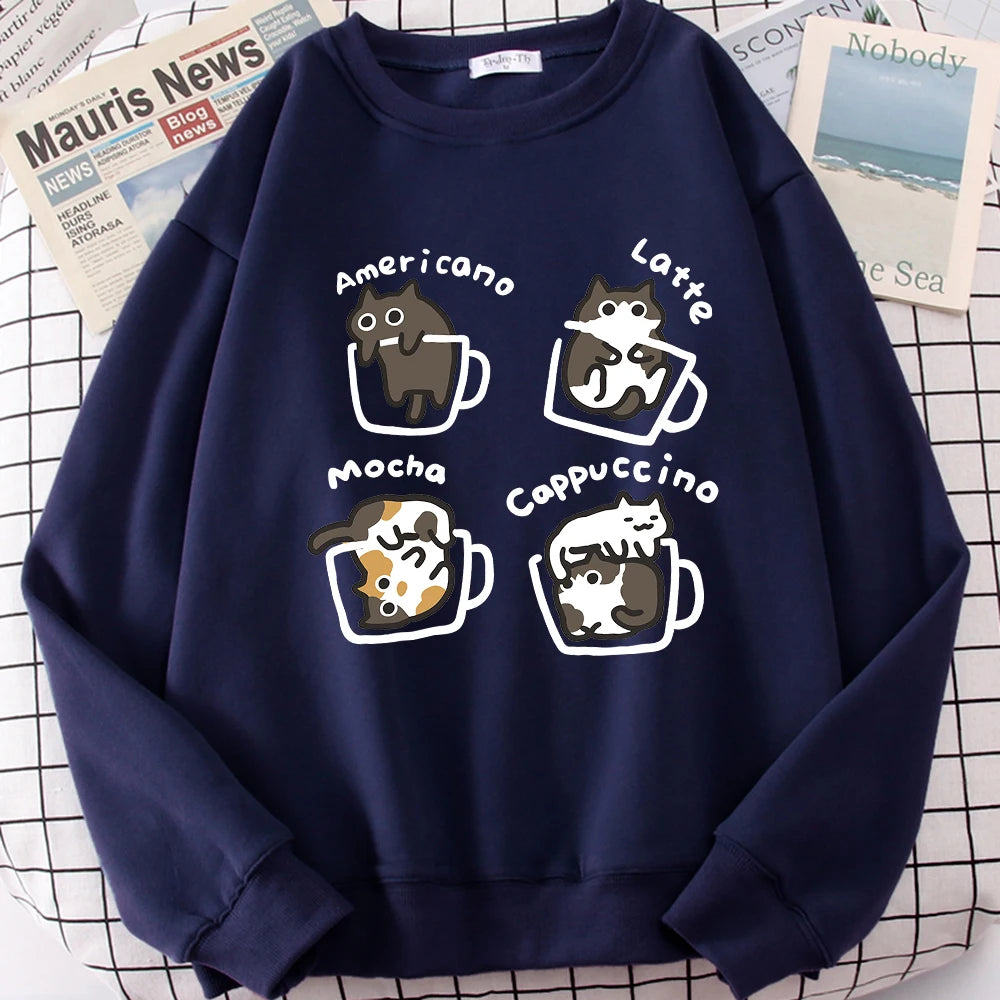 Coffee Cat Graphic Sweater – Cozy Fleece Pullover